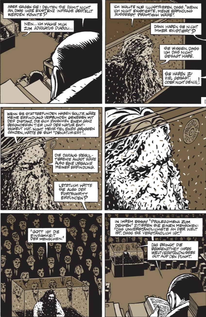 Comicseite in Braun/Schwarz: Vortragender liest, Publikum, bärtige Figur in Glaskasten, Sprechblasen.